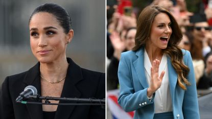 L-Meghan Markle delivers a speech at the opening of the Lost Screen Memorial in Geneva, R- Kate Middleton arrives at Reggio Emilia town hall during a two-day visit in Italy
