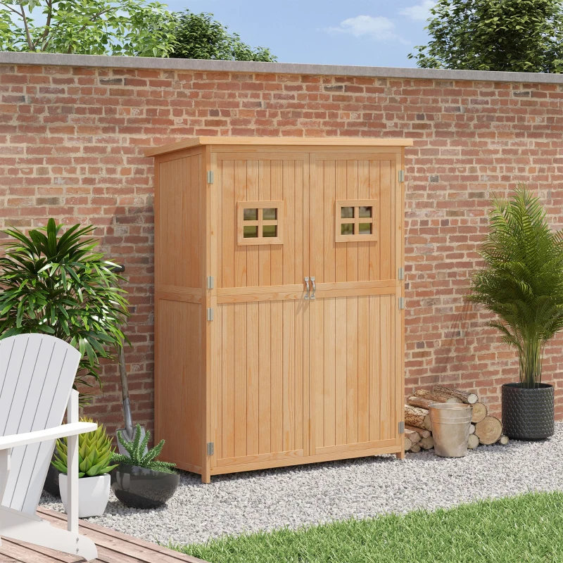 wooden shed with two doors and two small windows