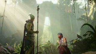 Sunlit jungle scene in Diablo 4 Vessel of Hatred with man standing next to kneeling player character