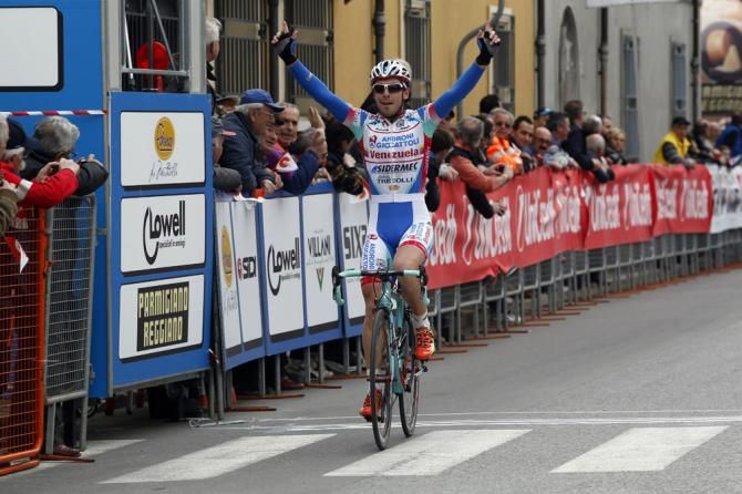 Fabio Felline (Androni Giocattoli) celebrates victory after attacking inside the final kilometre.