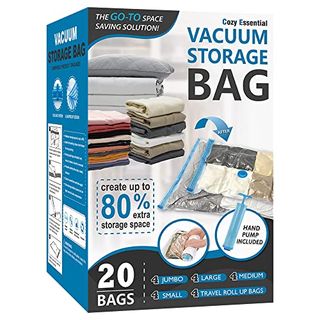 A blue and black box of 20 Pack Vacuum Storage Bags