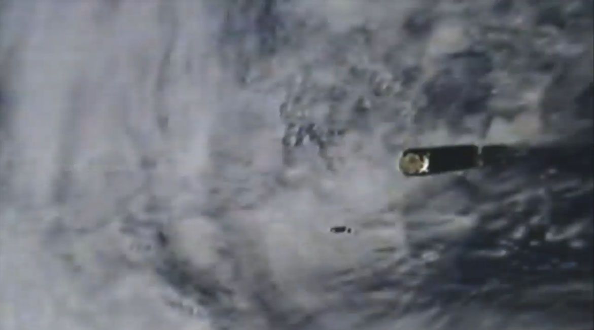 A train of Planet SuperDove Earth observation cubesats is released from an Indian Space Research Organisation Polar Satellite Launch Vehicle rocket after a successful launch on Nov. 27, 2019. The rocket carried 12 SuperDove satellites in all, along with another U.S. cubesat called Meshbed and the larger Cartosat-3 Earth observation satellite.