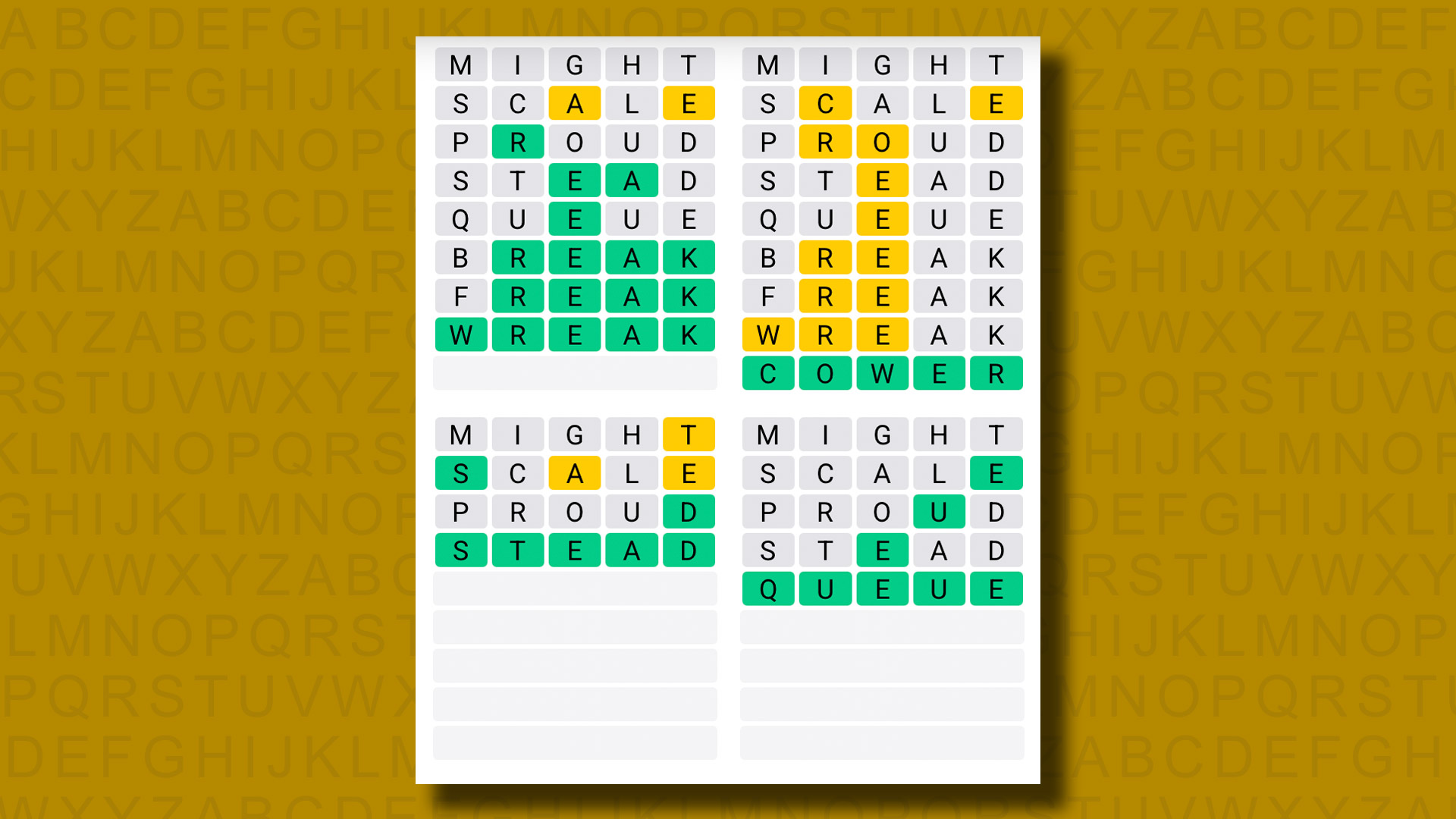 Quordle answers for game 1197 on a yellow background
