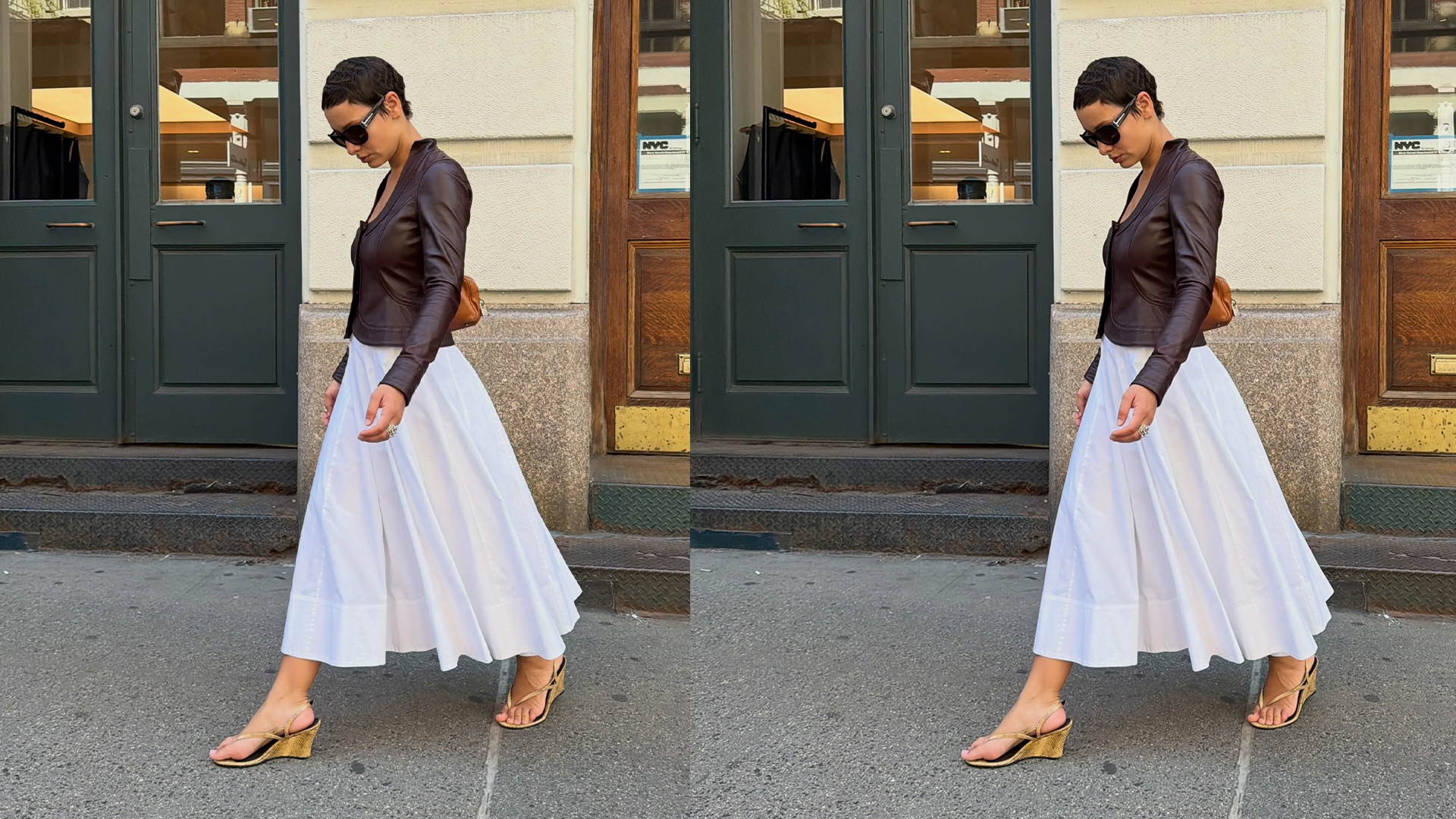 Aisha wears white dress, leather jacket, and wedged heels. 