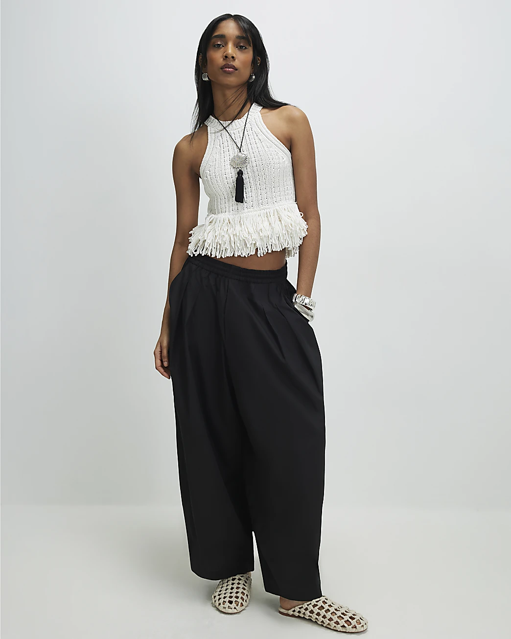 River Island, cream knit fringe trim vest top