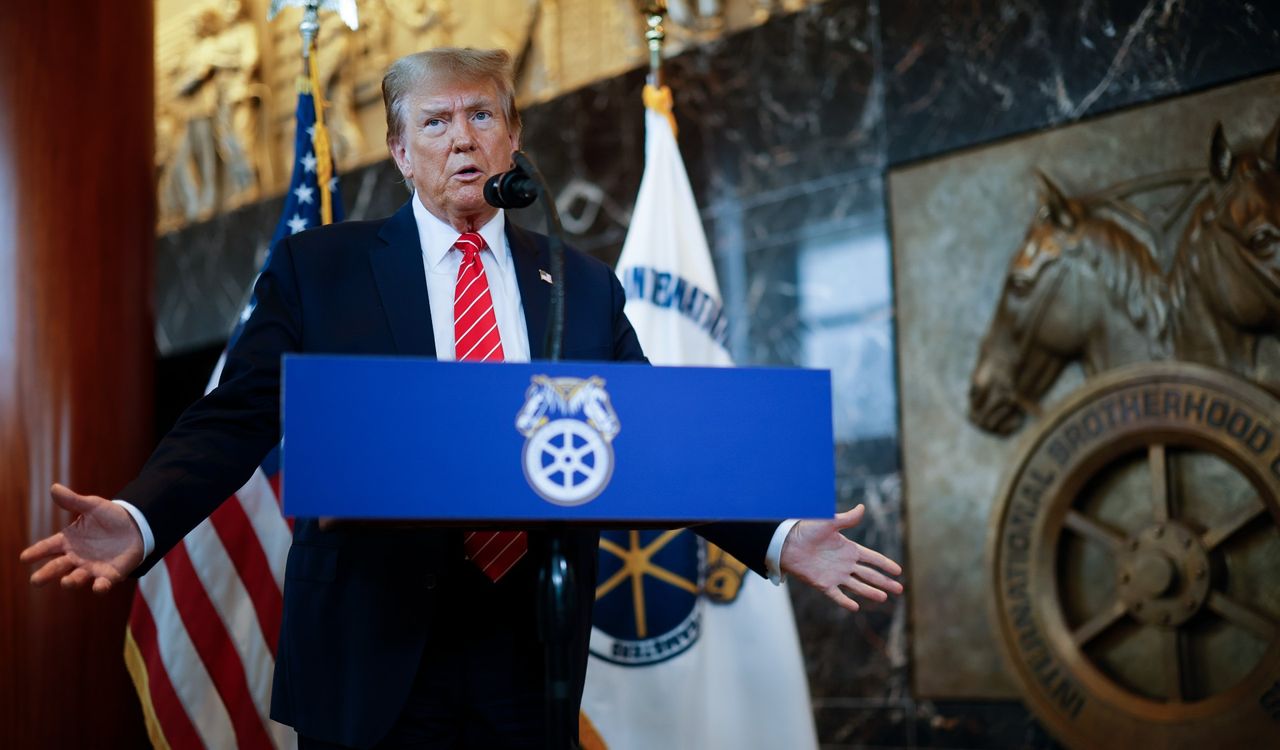 Former President Donald Trump speaks at the International Brotherhood of Teamsters headquarters