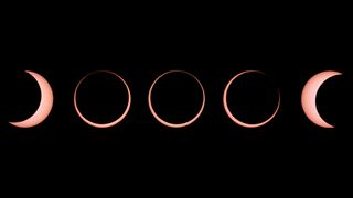 A series of solar eclipse images show the moon obscuring the sun until an orange ring is present.