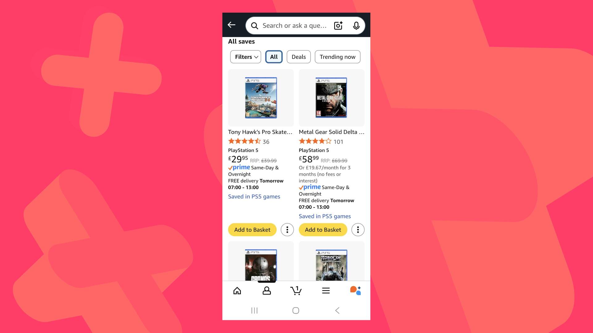 Screenshot of the Amazon wishlist section of the app, on a pink GamesRadar+ background.