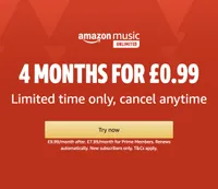 4 months of Amazon Music Unlimited £39.96 £0.99