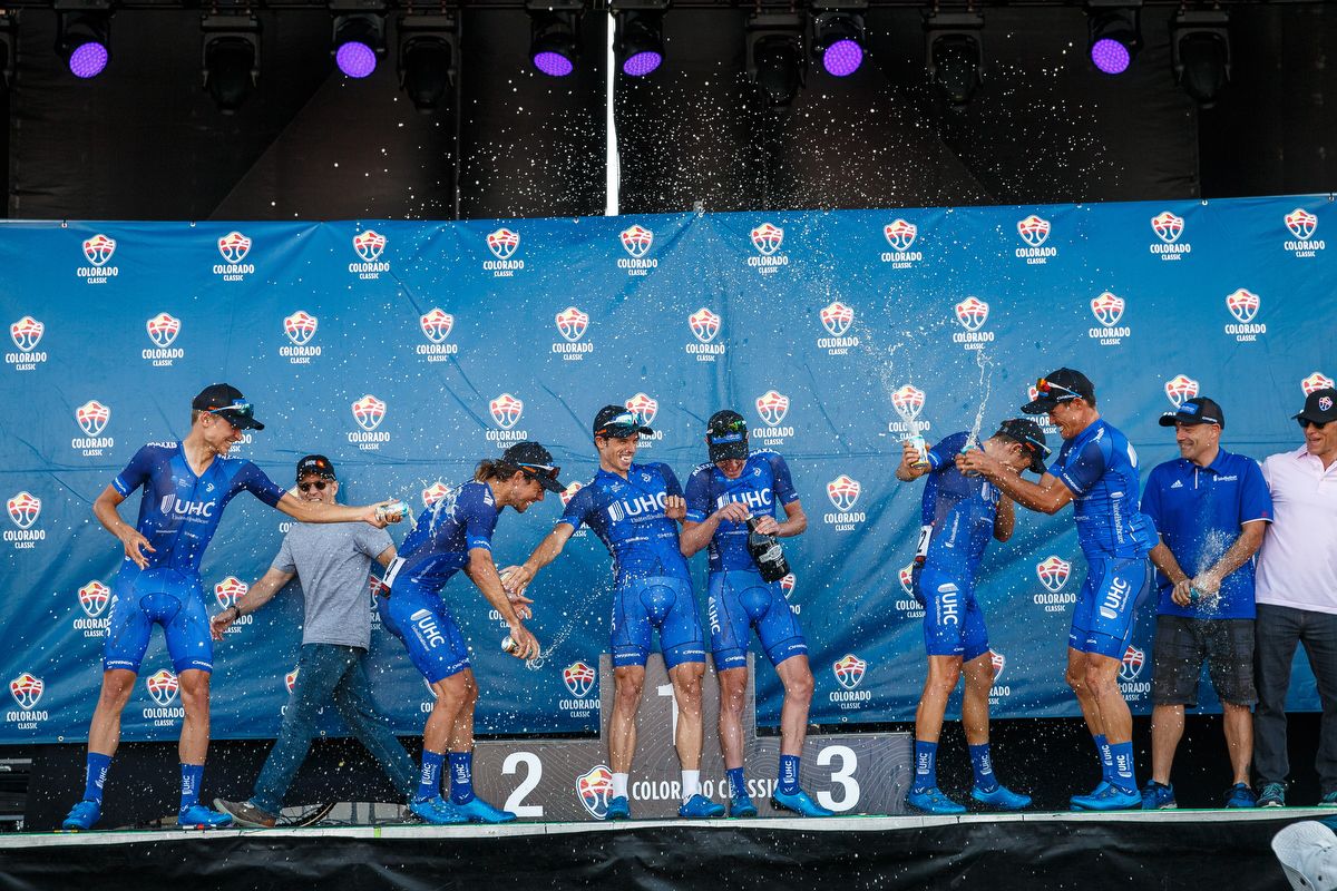 UnitedHealthcare celebrate a successful race as winners of the teams classification