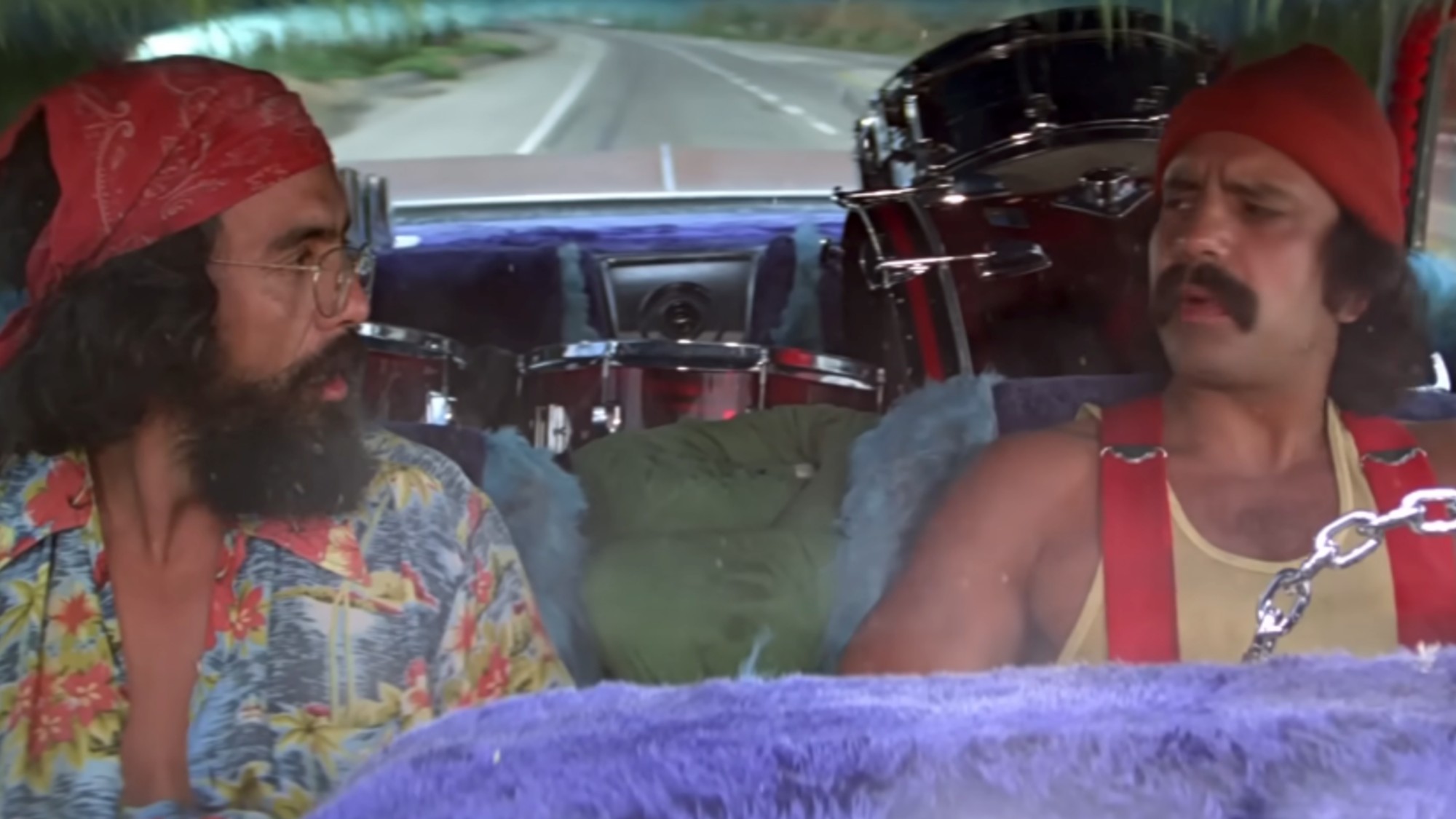 Tommy Chong and Cheech Marin in a car in Up In Smoke.