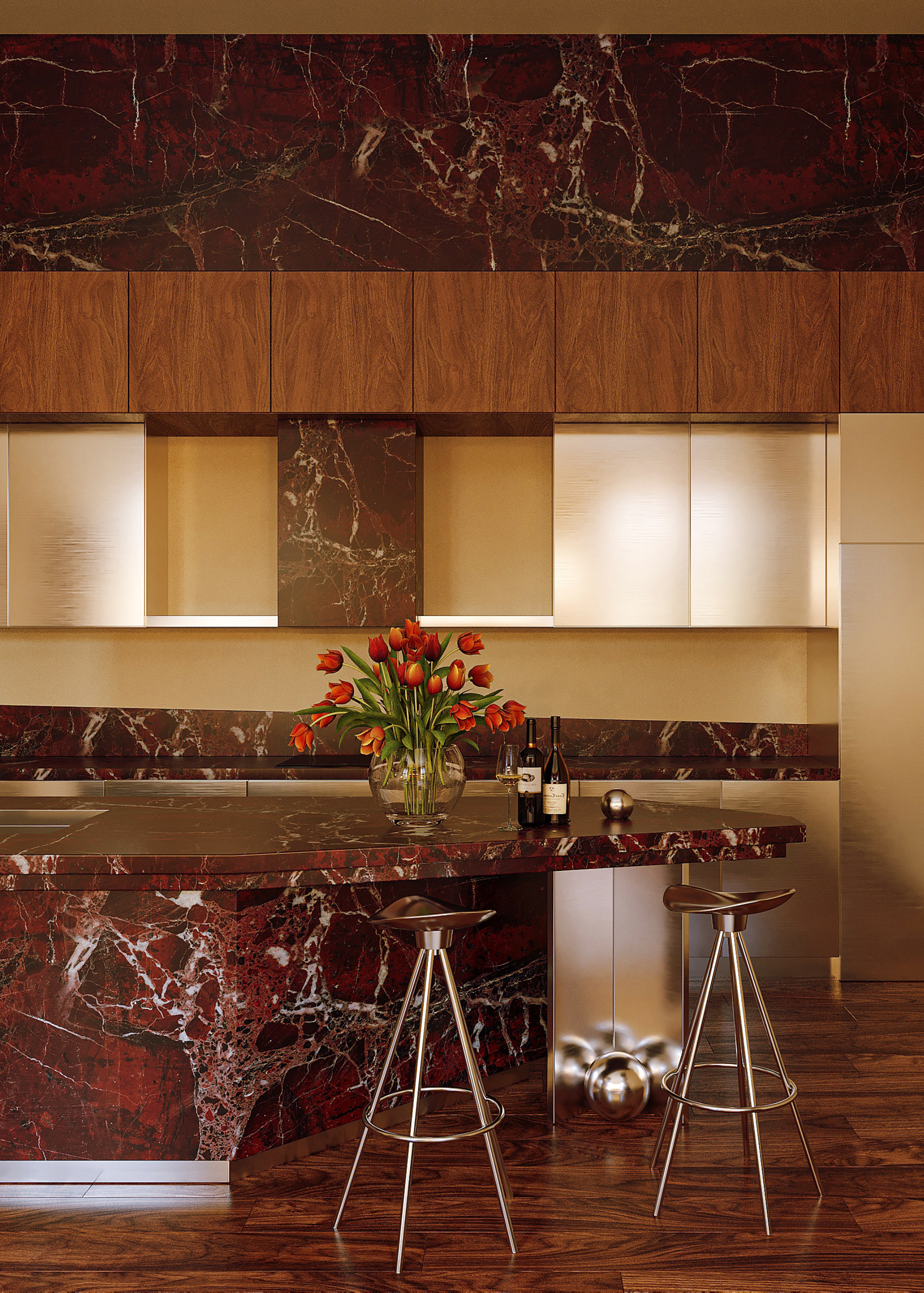 A kitchen with chrome cabinets, wood accents and red stone counters. Chrome kitchen stools sit near the counter holding a vase of tulips and bottles of wine