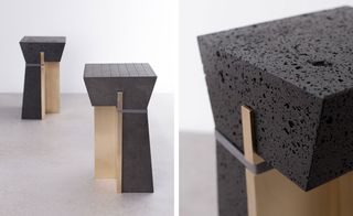 '1991' and '1614' stools, made from occhio di pernice basalt, textile, and brass