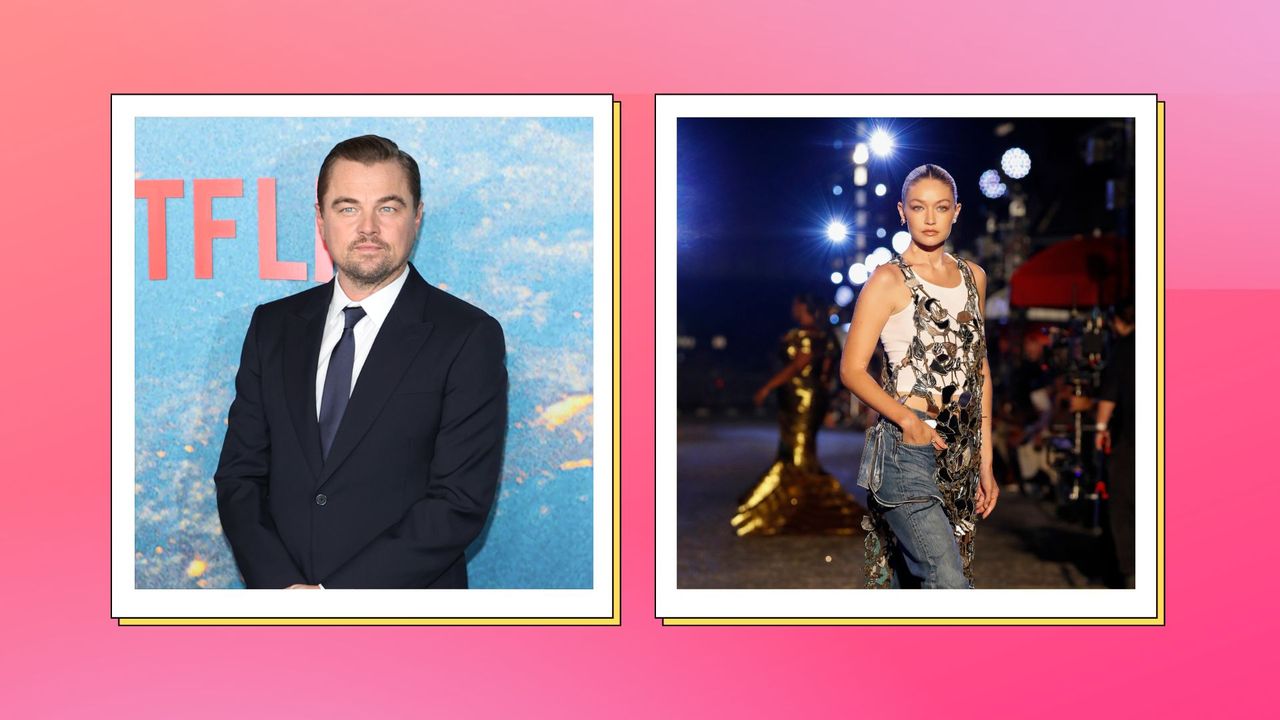 leonardo dicaprio gigi hadid headshots side by side on a pink background