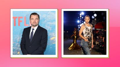 leonardo dicaprio gigi hadid headshots side by side on a pink background