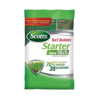 bag of Scotts Turf Builder Starter fertilizer for new grass on white background