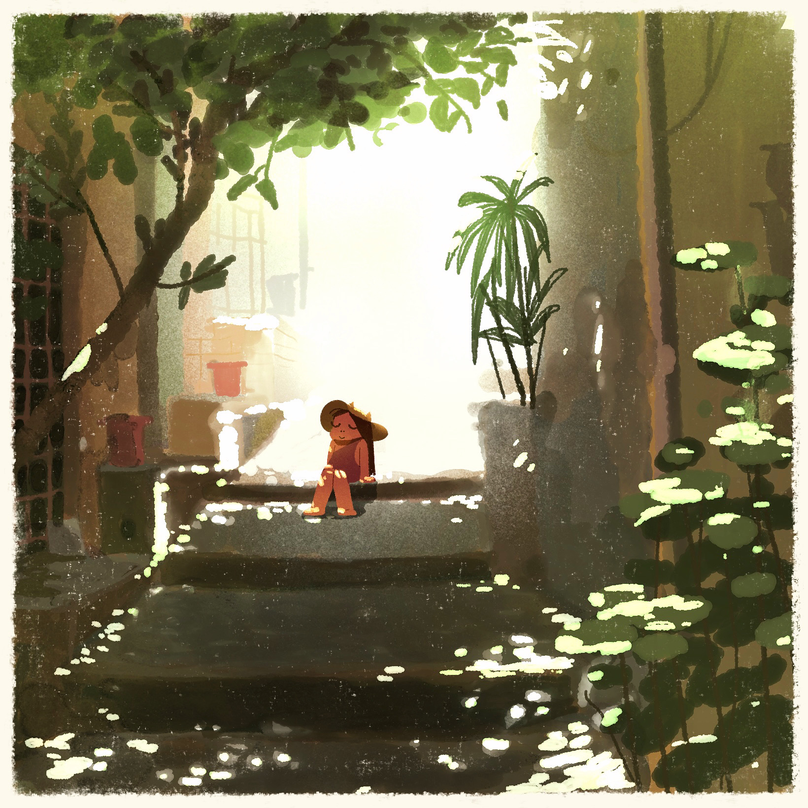 Artist sketchbook; an illustration of a girl sitting on a sunny roof