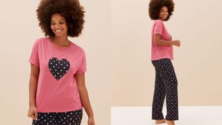composite of model wearing heart print motif pajama pink t shirt top and black patterned bottoms
