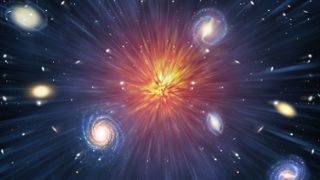 This conceptual image shows the Big Bang and the beginning of the universe, with galaxies and other stellar clusters exploding from a central point on a cosmic background.
