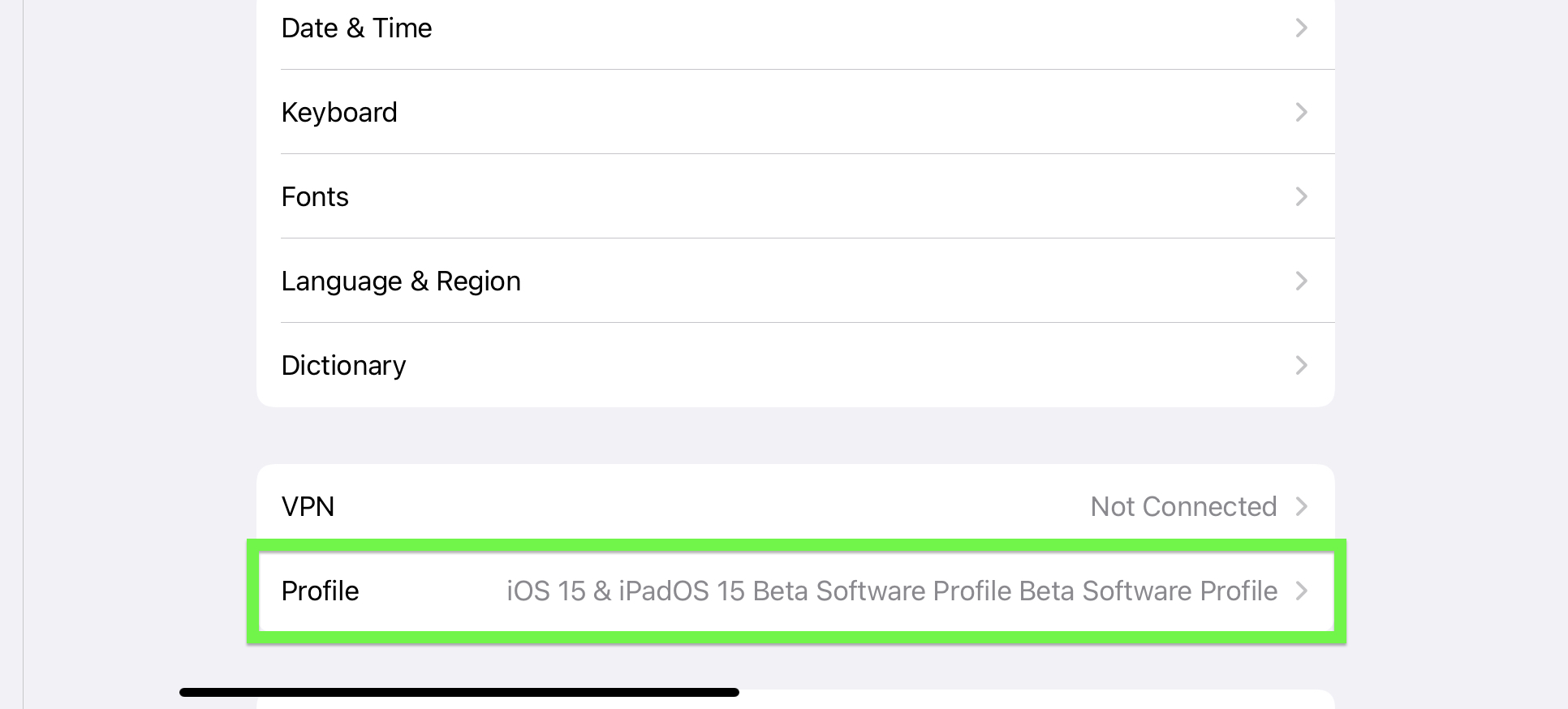 iPadOS 15 beta developer step 15 — Tap Profile