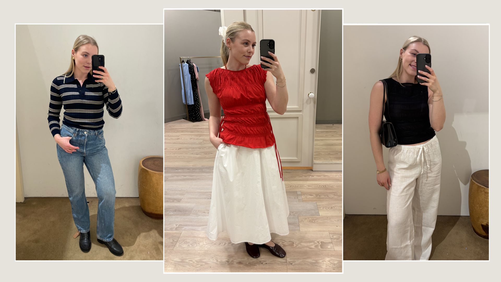 Woman wears knit top and blue jeans; woman wears red top and white skirt; woman wears black top and white linen trousers