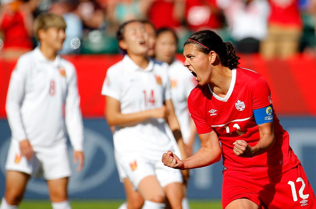 Christine Sinclair of Canada reacts after scoring the go-ahead goal on a penalty kick in the final minutes against China during the FIFA Women&#039;s World Cup Canada 2015 Group A match between Canada and China PR at Commonwealth Stadium on June 6, 2015 in Edmonton, Canada.