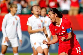 Christine Sinclair of Canada reacts after scoring the go-ahead goal on a penalty kick in the final minutes against China during the FIFA Women&#039;s World Cup Canada 2015 Group A match between Canada and China PR at Commonwealth Stadium on June 6, 2015 in Edmonton, Canada.