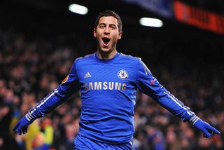 Eden Hazard of Chelsea celebrates his goal during the UEFA Europa League Round of 32 second leg match between Chelsea and Sparta Praha at Stamford Bridge on February 21, 2013 in London, England.
