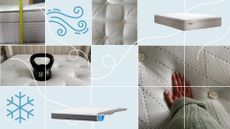 Images of our experts testing the best cooling mattresses with their hands, weights, and a tape measure with cut-outs of some of our favourite mattresses for hot sleepers