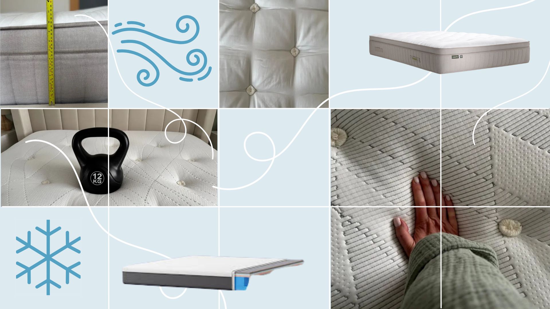 Images of our experts testing the best cooling mattresses with their hands, weights, and a tape measure with cut-outs of some of our favourite mattresses for hot sleepers