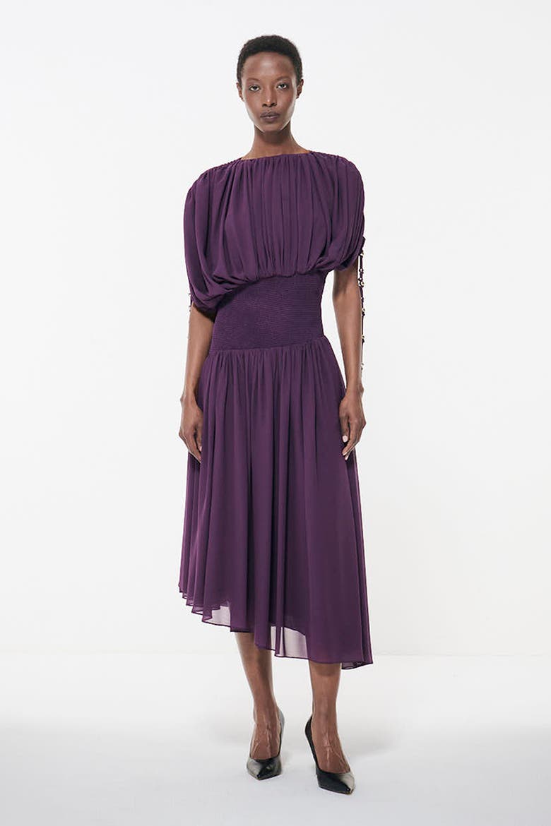 Smocked Waist Ruched Sleeve Dress