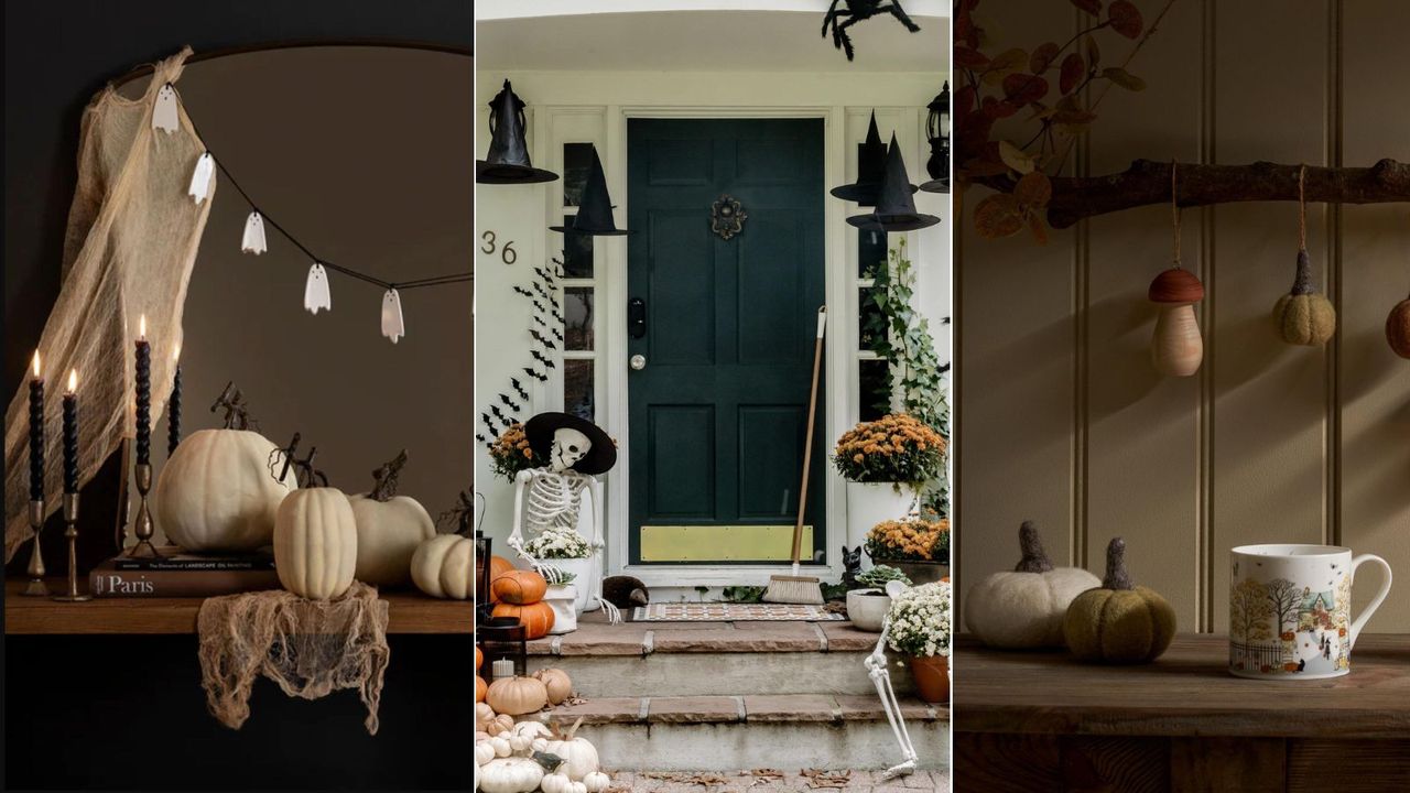 Three Halloween decor vignettes: a mantel, front porch, and open shelf