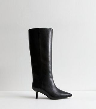 Black Leather Look Kitten Heel Knee High Boots