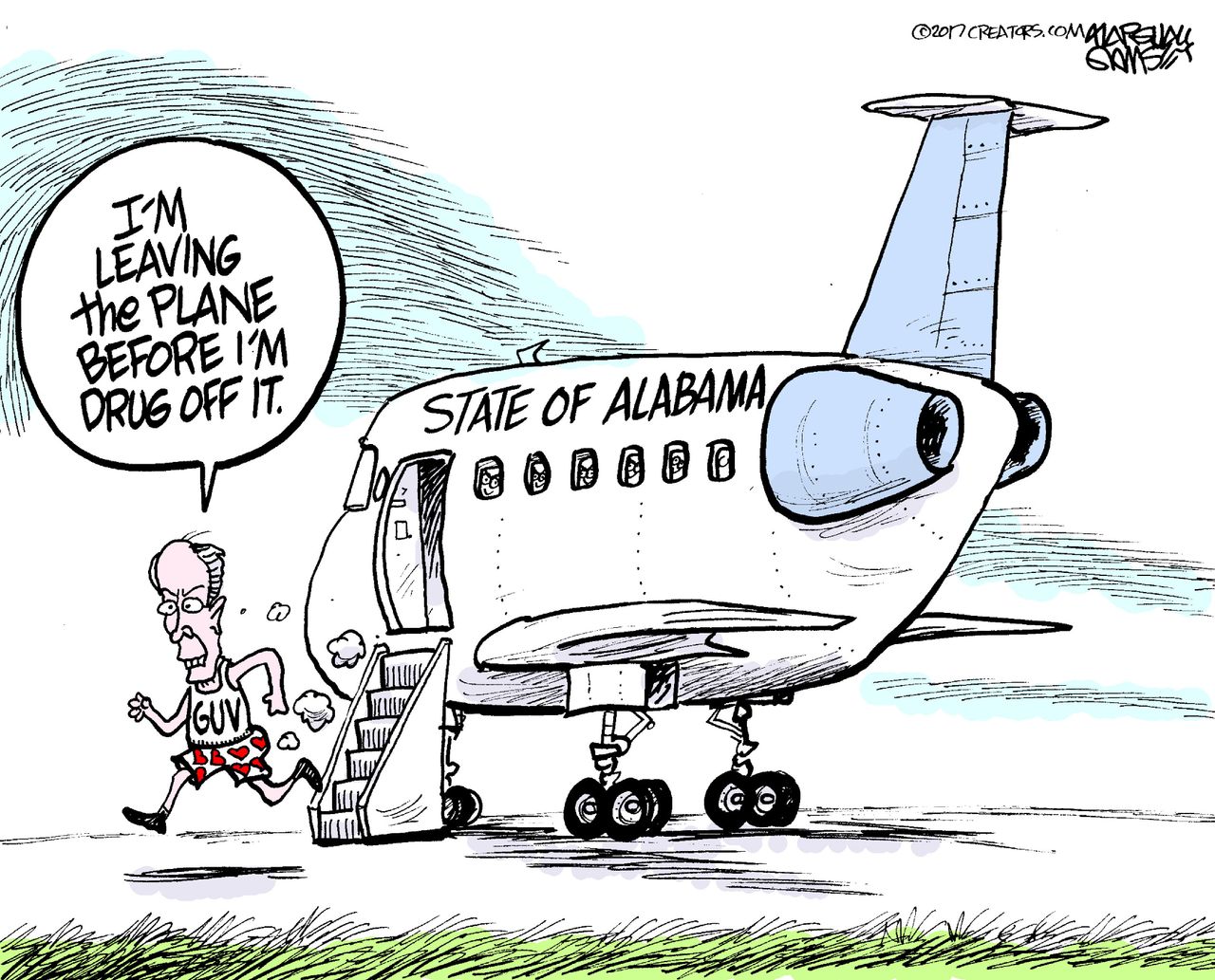 Political Cartoon U.S. Governor Bentley Alabama resigns United Airlines plane