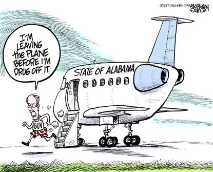 Political Cartoon U.S. Governor Bentley Alabama resigns United Airlines plane