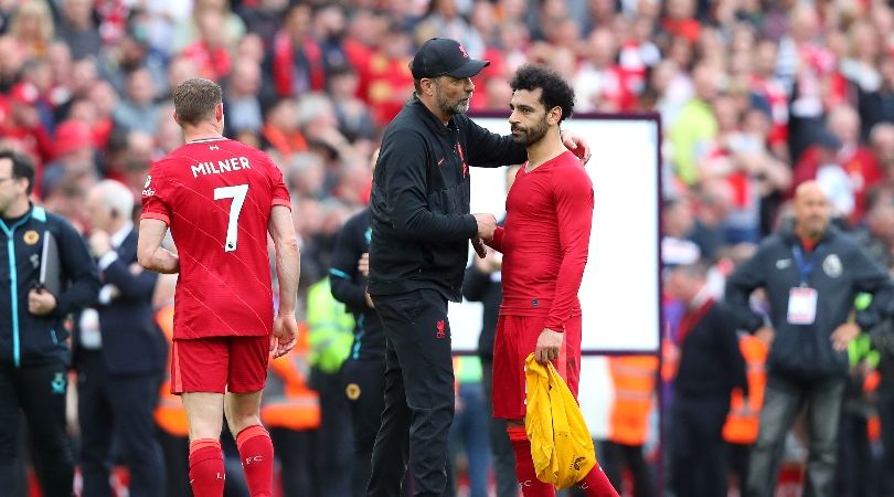 Jurgen Klopp consoles Mohamed Salah after Liverpool narrowly miss out on the Premier League title.