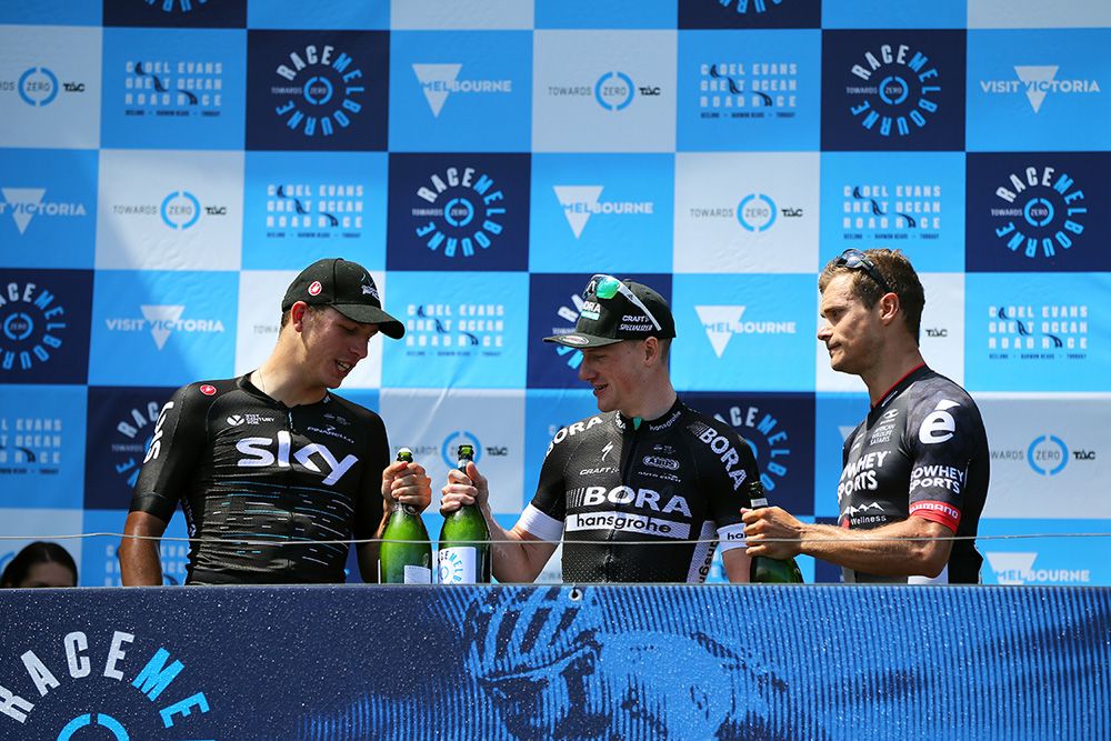 Sam Bennett toasts his victory with Danny van Poppel and Scott Sunderland