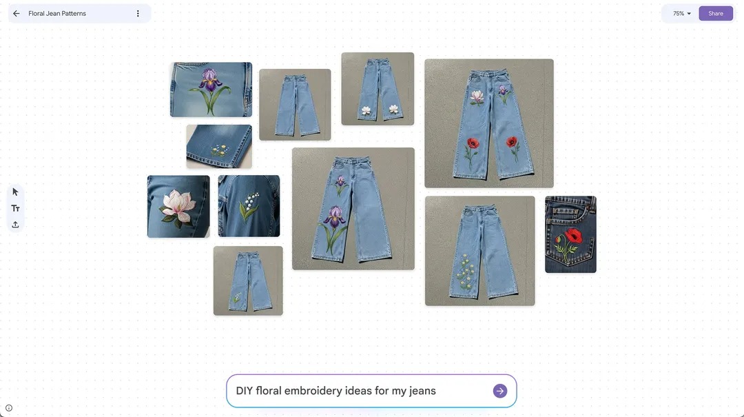 Google Mixboard showing different DIY ideas for jeans embroidery 