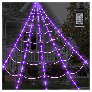 A set of purple outdoor spider web lights from Amazon