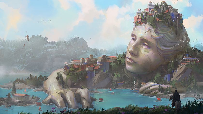 2D concept art made using 3D models, a man on horseback views a coastal scene where houses are build on a sculpture of a human figure