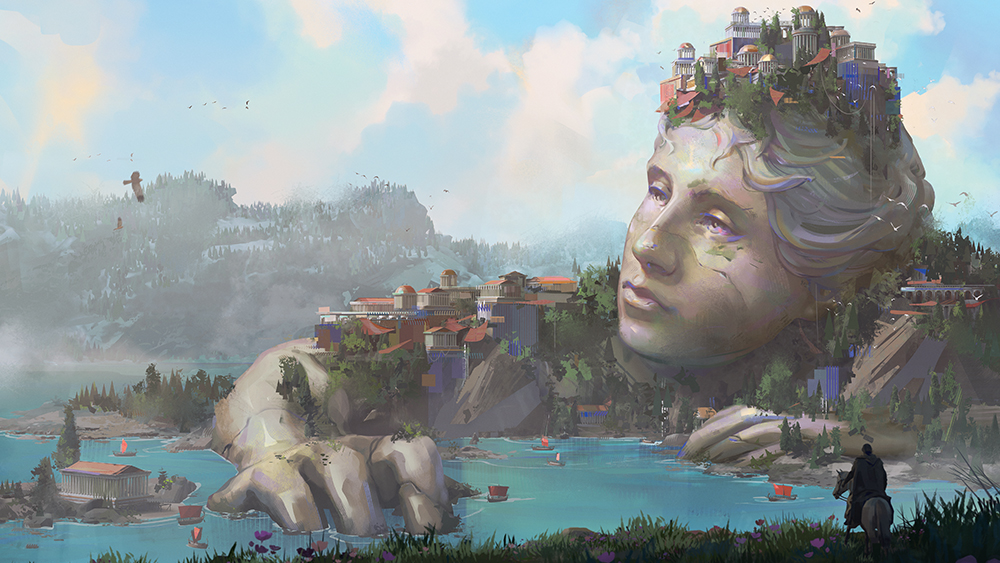 2D concept art made using 3D models, a man on horseback views a coastal scene where houses are build on a sculpture of a human figure