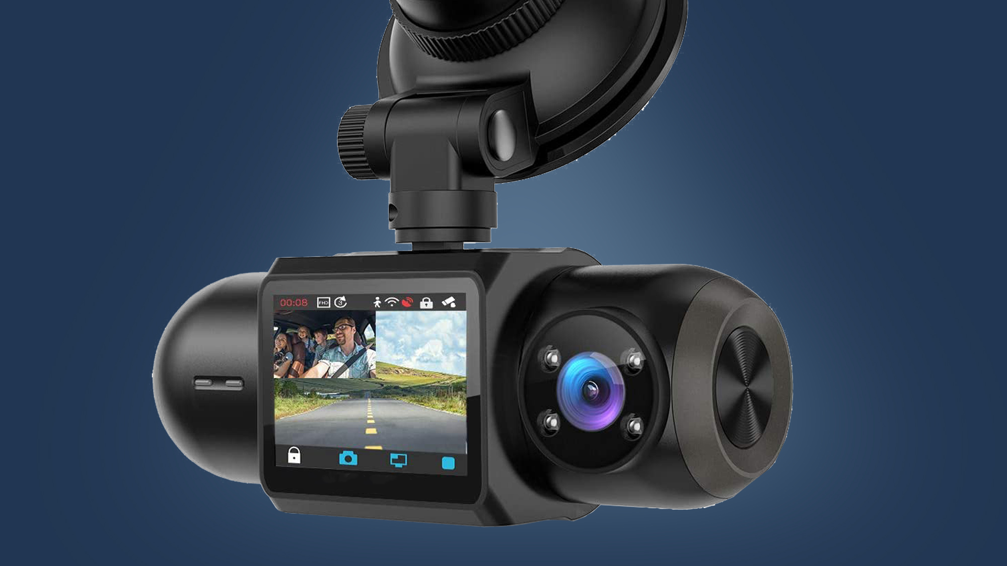 The COOAU dash cam on a blue background