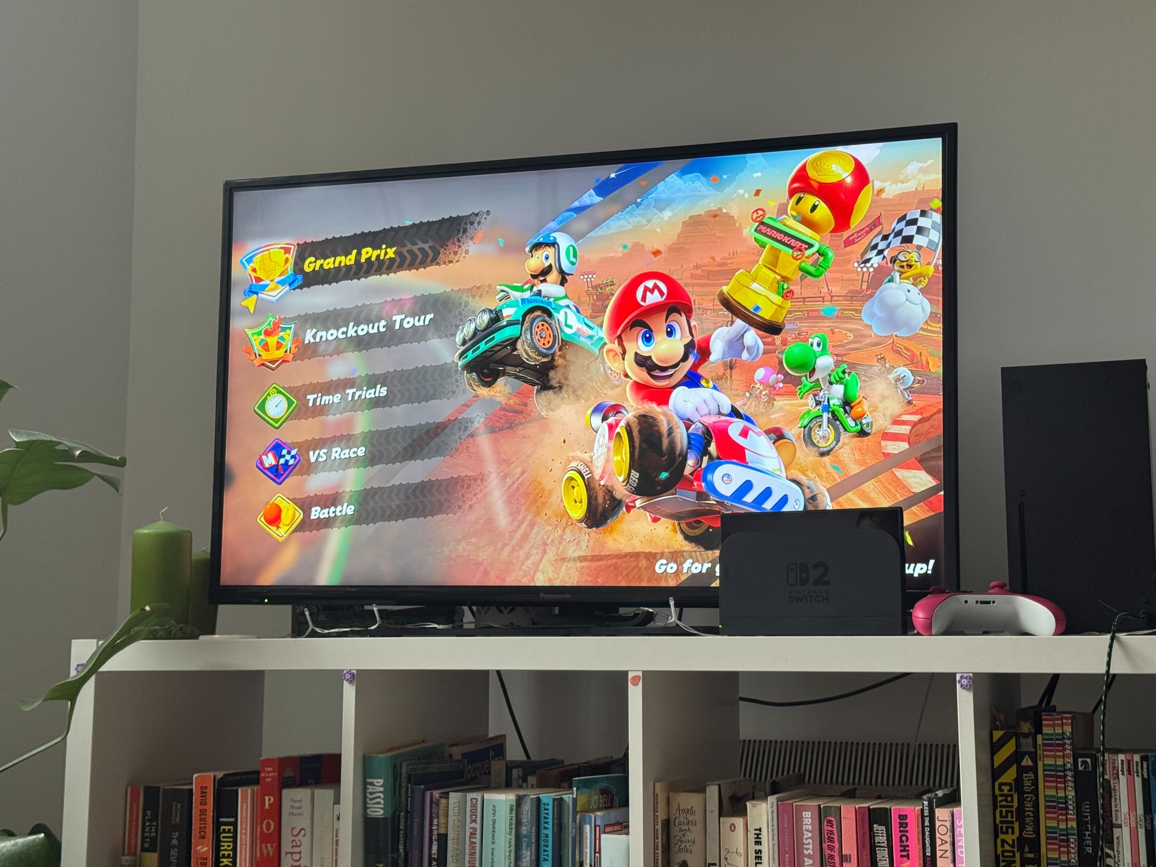Switch 2 docked with Mario Kart World on the TV