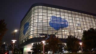 Salesforce logo displayed at the Moscone Center in San Francisco for Dreamforce 2023