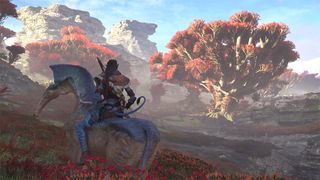 Avatar: Frontiers of Pandora review; an alien horse and a red tree