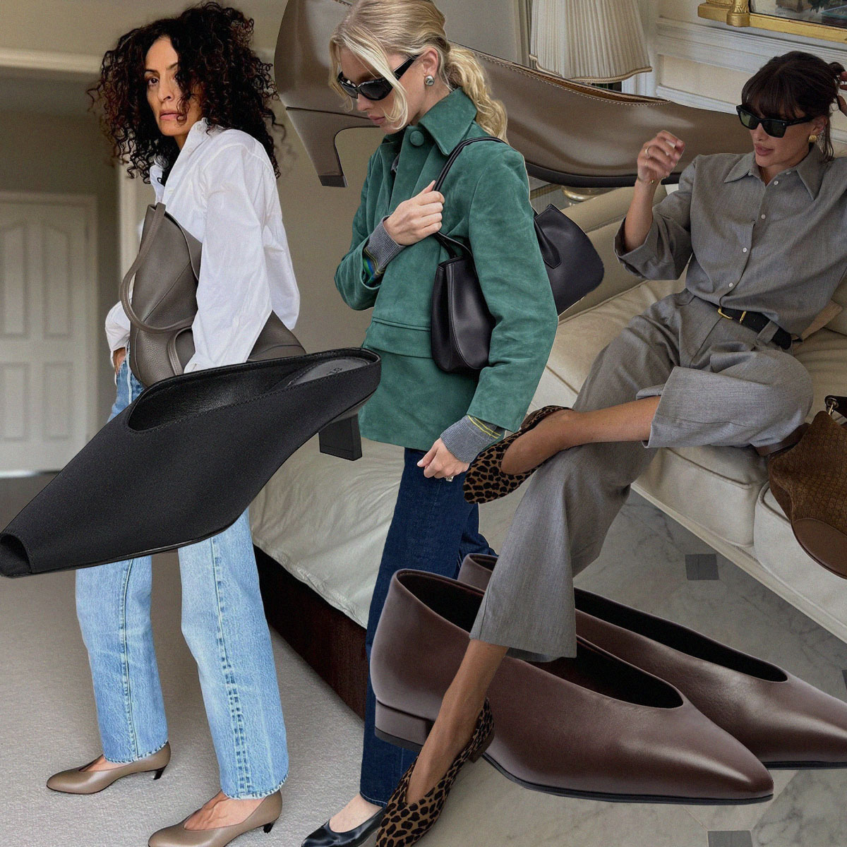 a collage of product and influencer imagery featuring outfits with almond toe shoes