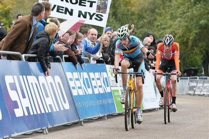 Wout Van Aert (Belgium) outsprints Mathieu van der Poel (Netherlands) for second place at the U23 race at the 'cross World Cup in Valkenburg