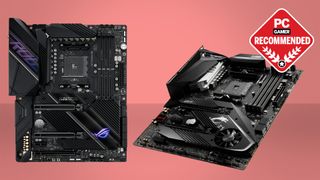 An image of the best AMD motherboards on a red background with the PC Gamer recommends badge in the top right