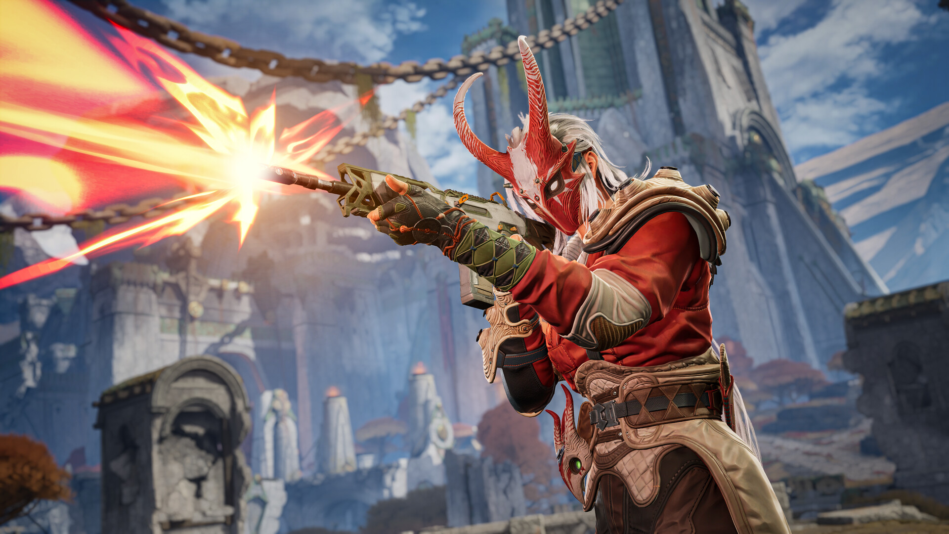 A character from Highguard with a red mask firing a rifle