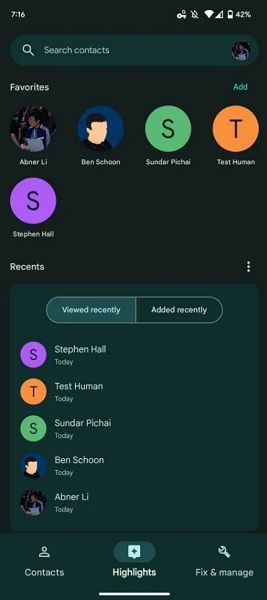 Google Contacts' new Highlights page.